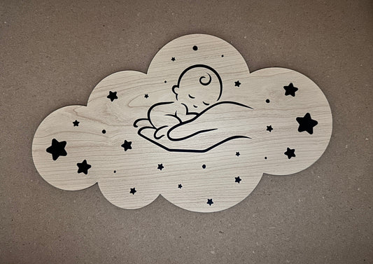 Wandplaatje met slapende baby op hand Speksnijder Laser Service
