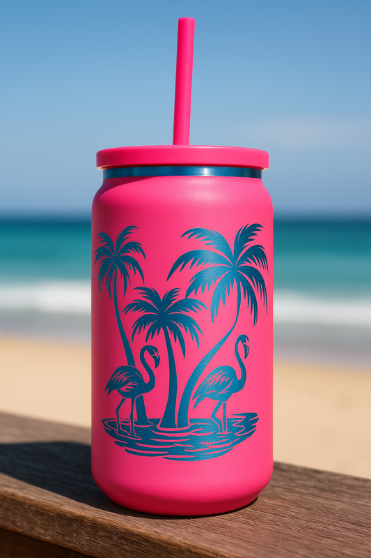 Roze thermos beker met rietje flamingo 