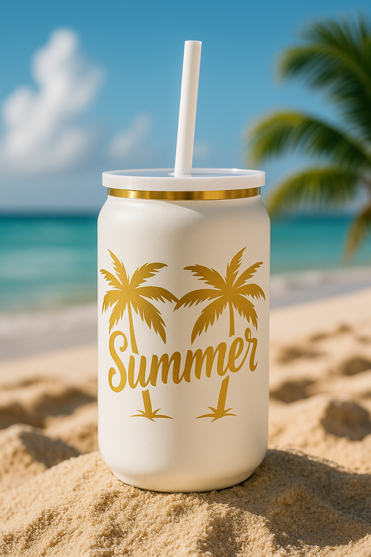 Witte “Summer” Beker met Gouden Palmbomen – Dubbelwandig – Met Rietje