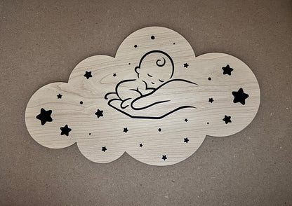 Wandplaatje met slapende baby op hand